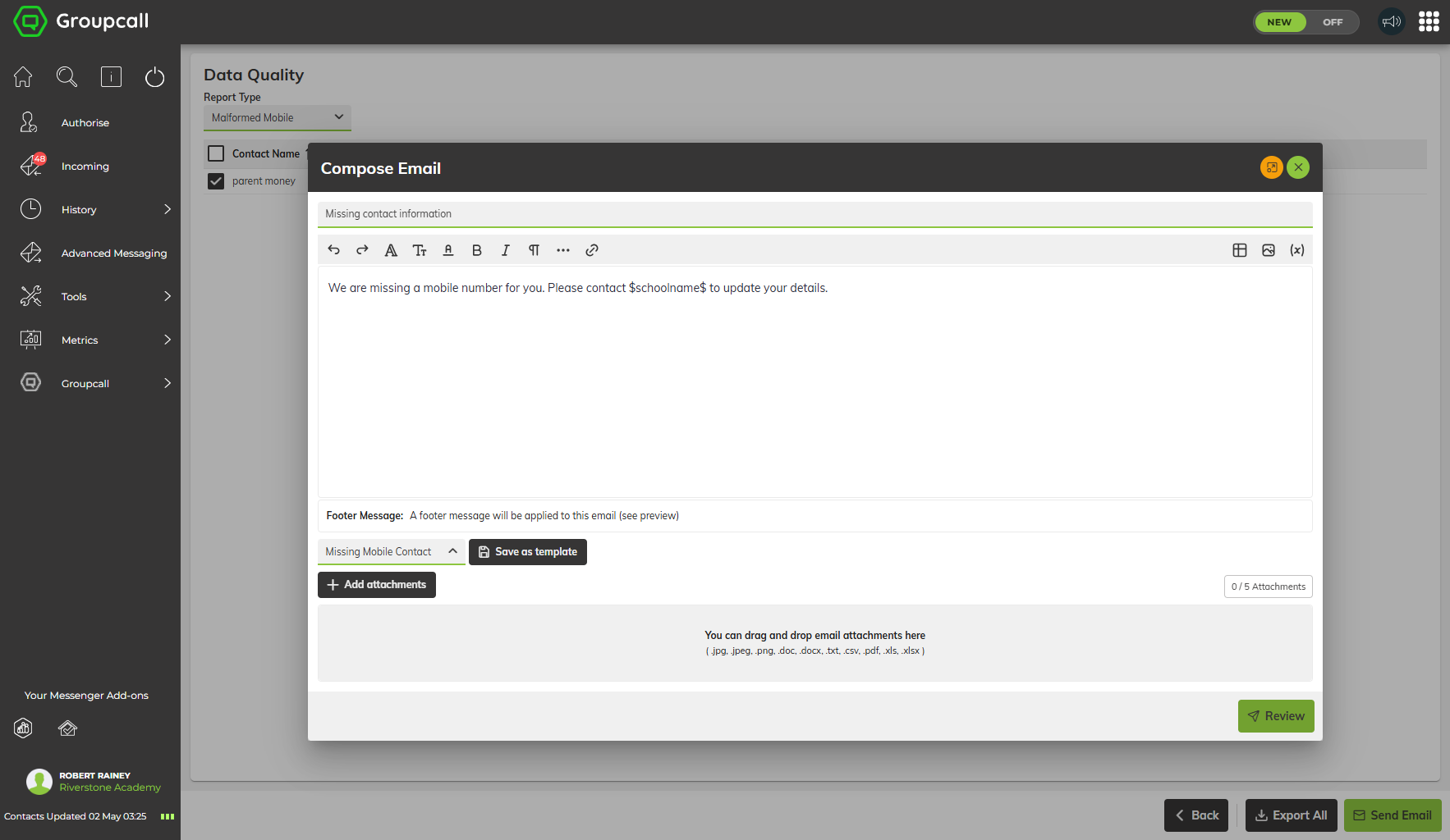 Email composer overlay with template picker, rich text editor, and review button for contacting parents about missing mobile numbers