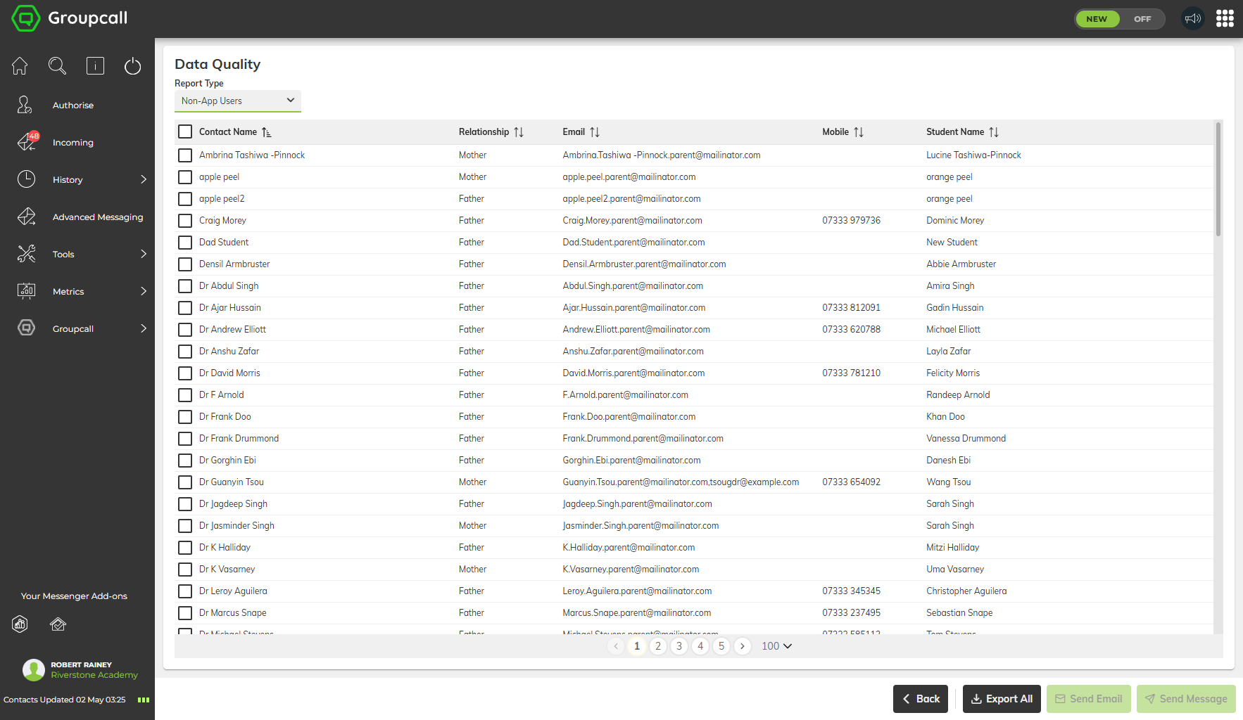 Data Quality report showing Non-App Users contact list with export, send email, and send message actions