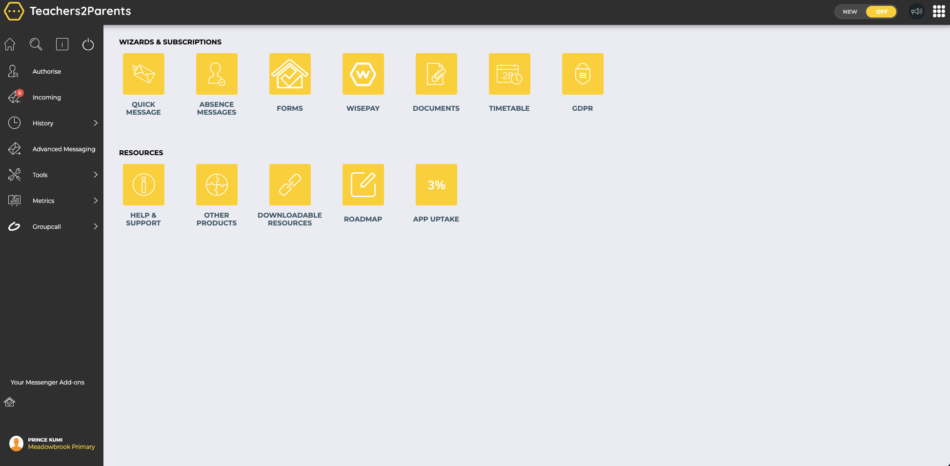 The original Teachers2Parents Messenger dashboard showing a grid of icon shortcuts with no analytics or guided workflow