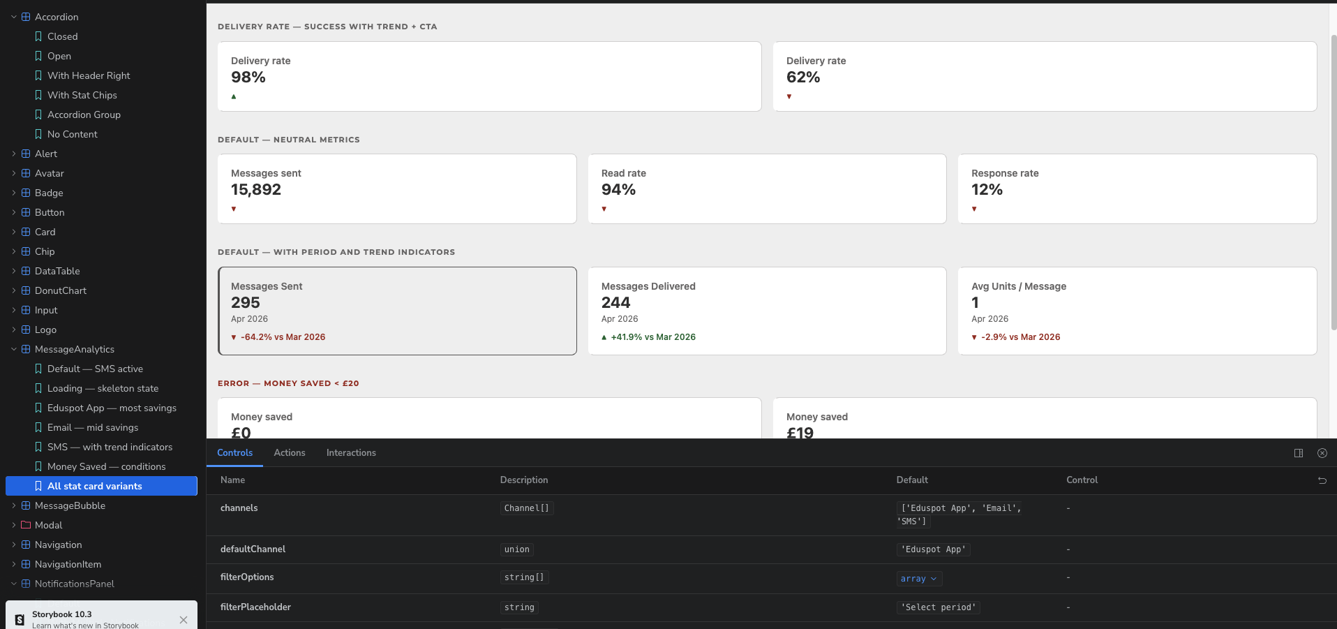 Storybook component library showing stat card variants, component sidebar, and controls panel