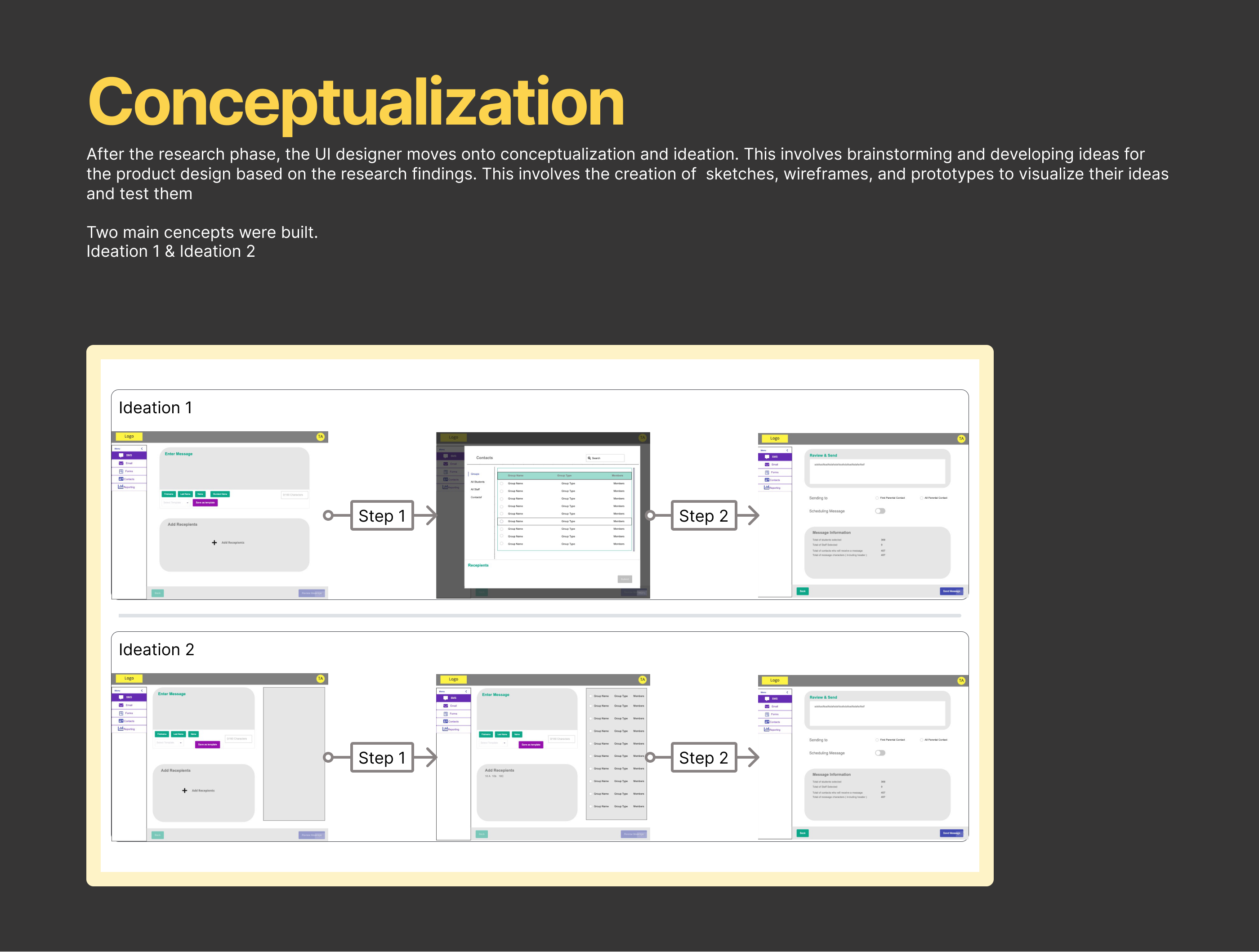 Conceptualisation wireframes showing Concept 1 and Concept 2 exploration